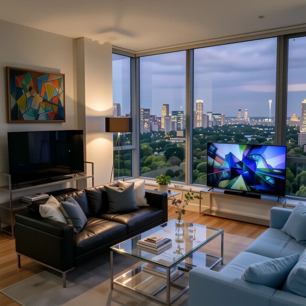 My apartment overlooks Central Park. It’s very luxurious, very expensive, and the furniture is minimal — a black leather couch, a glass coffee table with chrome legs, an Arne Jacobsen floor lamp. A big-screen television set rests on a steel shelving unit. A David Onica painting hangs above the couch. There’s a stainless steel and glass cocktail table. A powder-blue sofa. A thirty-inch digital TV.