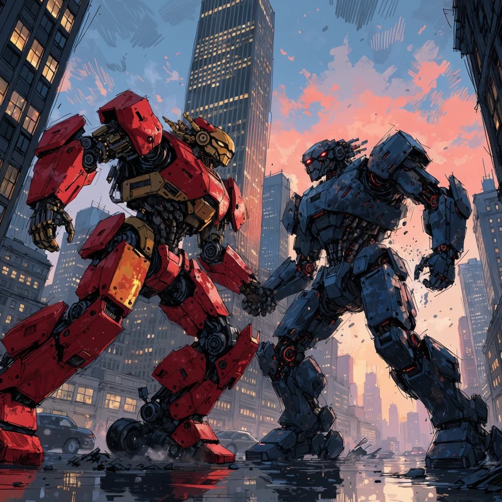 Make a cel-shaded mecha duel at dusk downtown.