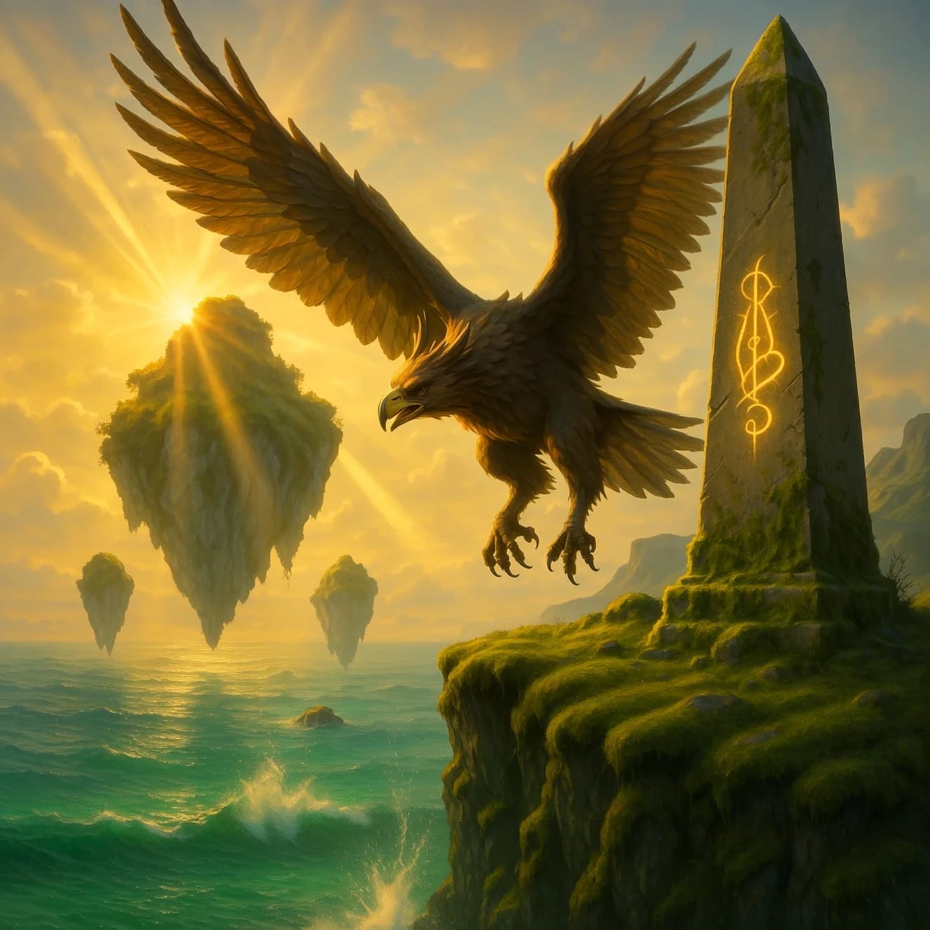 At dawn, a winged griffin lands on a mossy cliff above a jade sea beside a runed obelisk; floating isles drift under golden sunbeams, with a bit of sea spray and glowing runes.