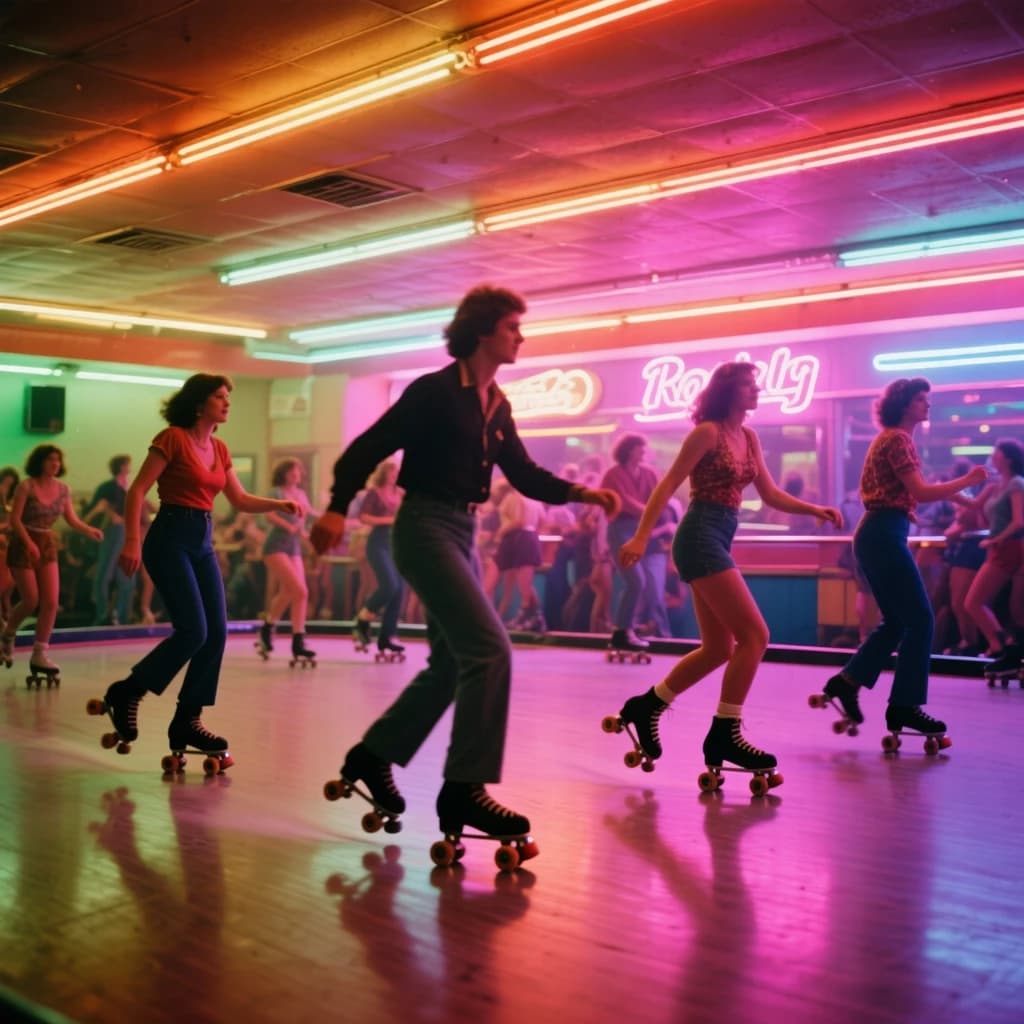 A 1970s roller rink crowd skates under neon, with a bit of fade and film grain.