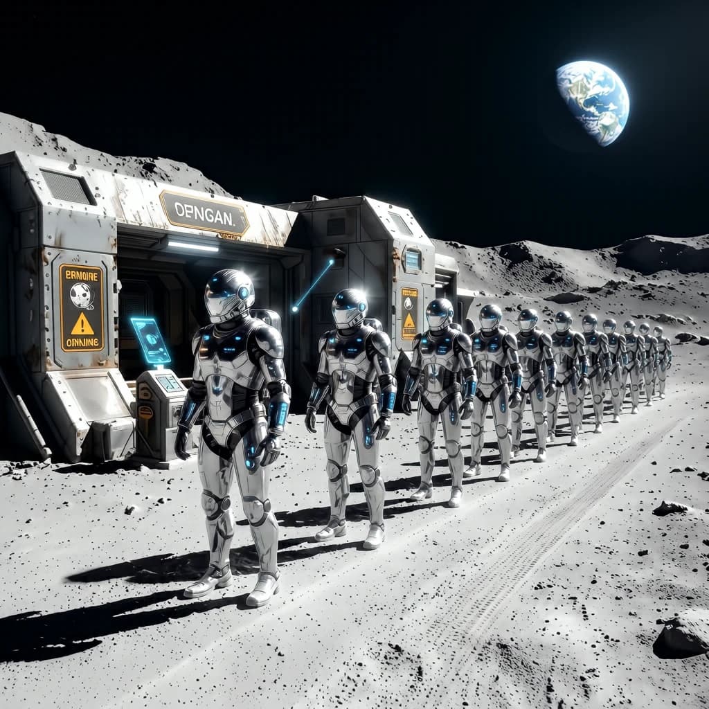 Silver exosuits queue at a dusty lunar checkpoint.