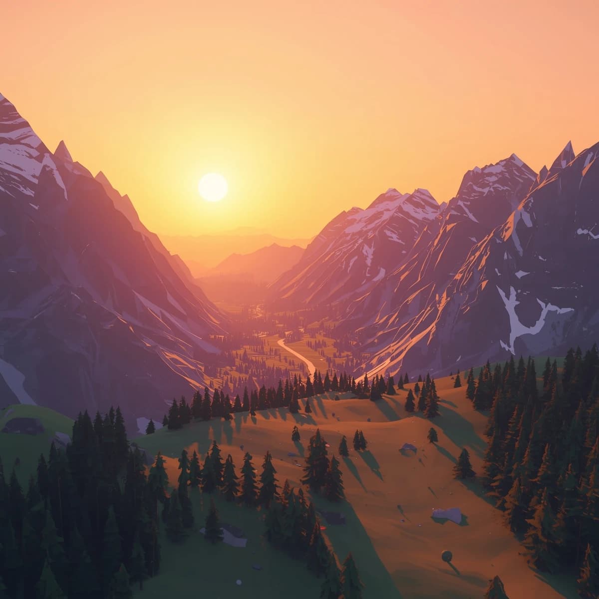 Render a low-poly alpine valley at sunset, clean gradients, long shadows.