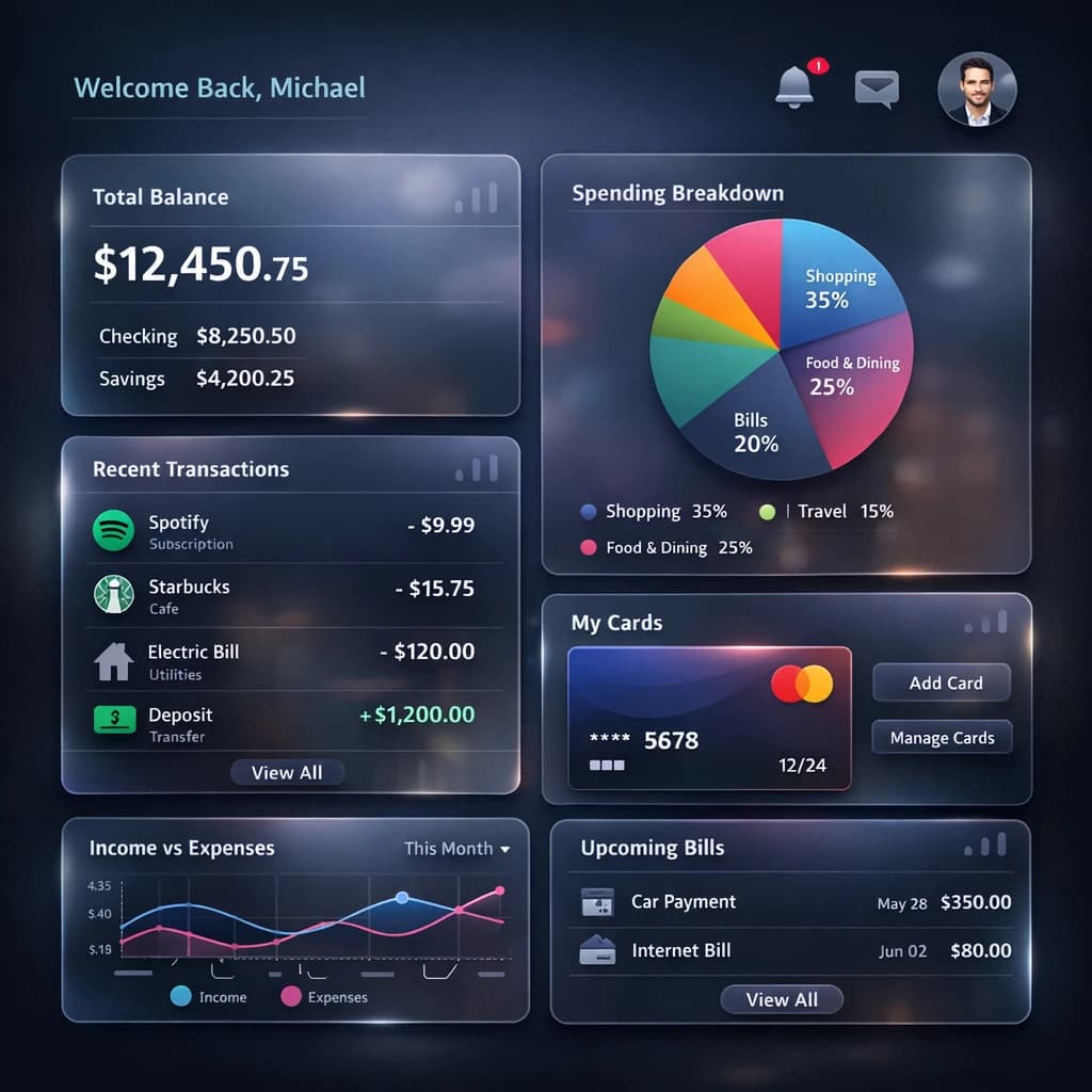 Dark mode banking dashboard with glassmorphism.