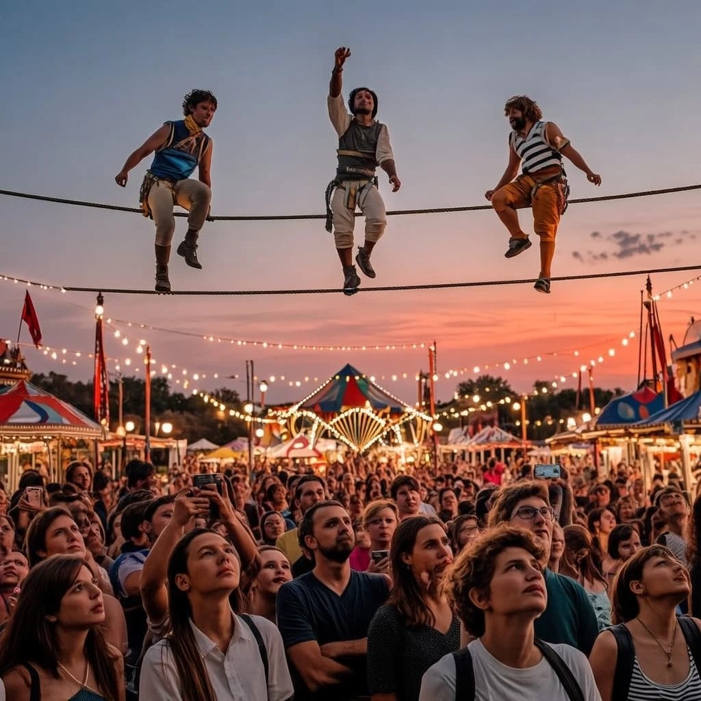 At dusk, high above a carnival crowd, three tightrope walkers balance on a single rope with no aids, one is off balance and grabbing at air. Below, the audience looks upward with baited anticipation. Artificial Analysis is spelled out in the background in carnival lights