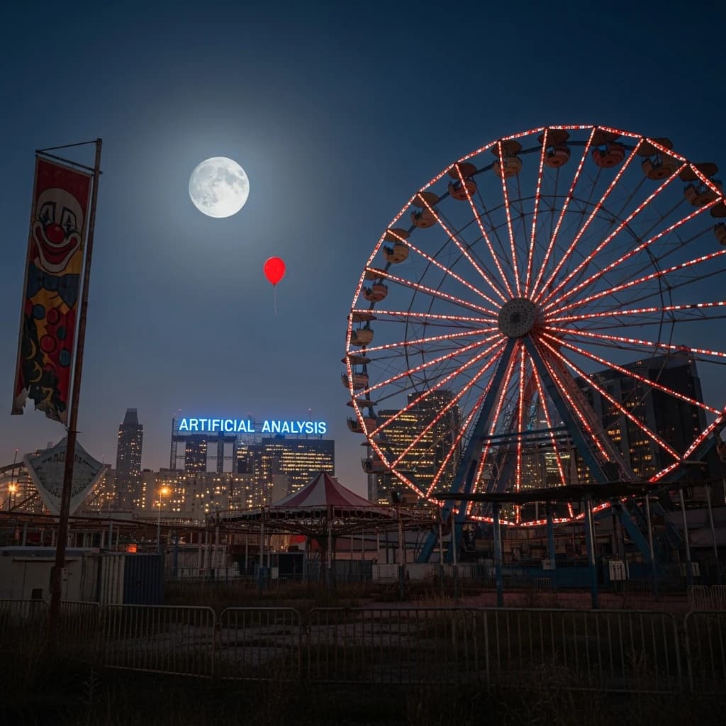 A deserted amusement park glows faintly under a half-moon. The ferris wheel is rusting yet strung with fresh, blinking LED lights. A torn clown banner flaps in a windless air. A lone balloon floats upward, tethered to nothing, while in the far distance city lights flicker on - some neon, some gas lamps as though from another century. 'Artificial Analysis' glows in neon