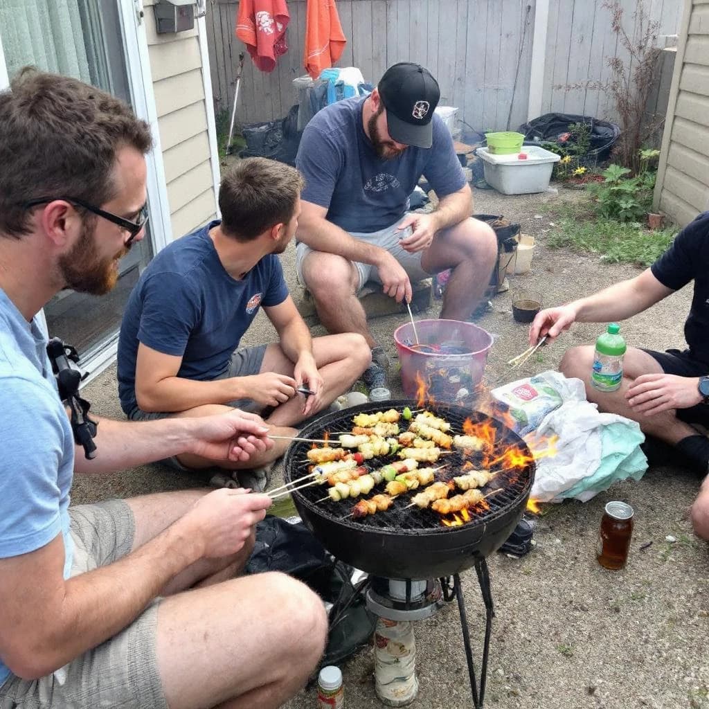 Friends grill skewers on a slightly messy patio.