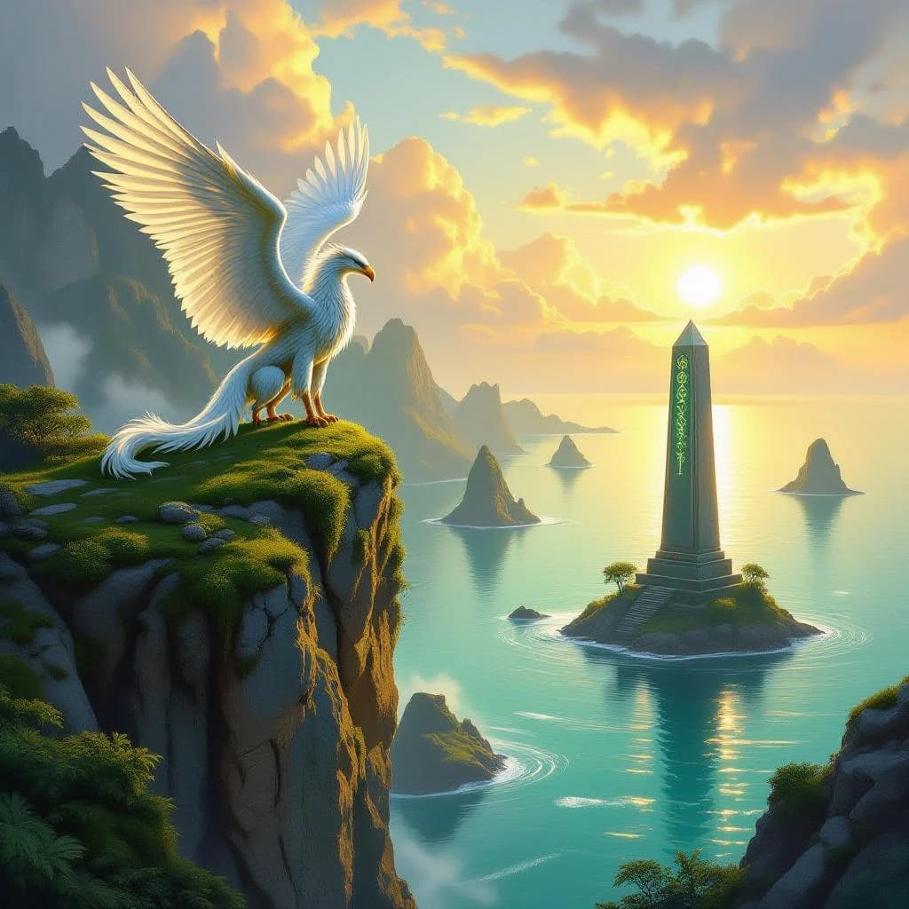 At dawn, a winged griffin lands on a mossy cliff above a jade sea beside a runed obelisk; floating isles drift under golden sunbeams, with a bit of sea spray and glowing runes.