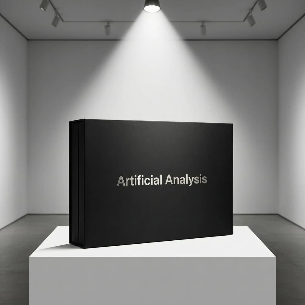 A premium matte black laptop-sized box rests on a pure white pedestal within a gallery space. Overhead, a single spotlight carves sharp contrast, leaving the edges in deep shadow. The brand name Artificial Analysis is embossed in silver foil, glinting faintly as though it were jewelry.