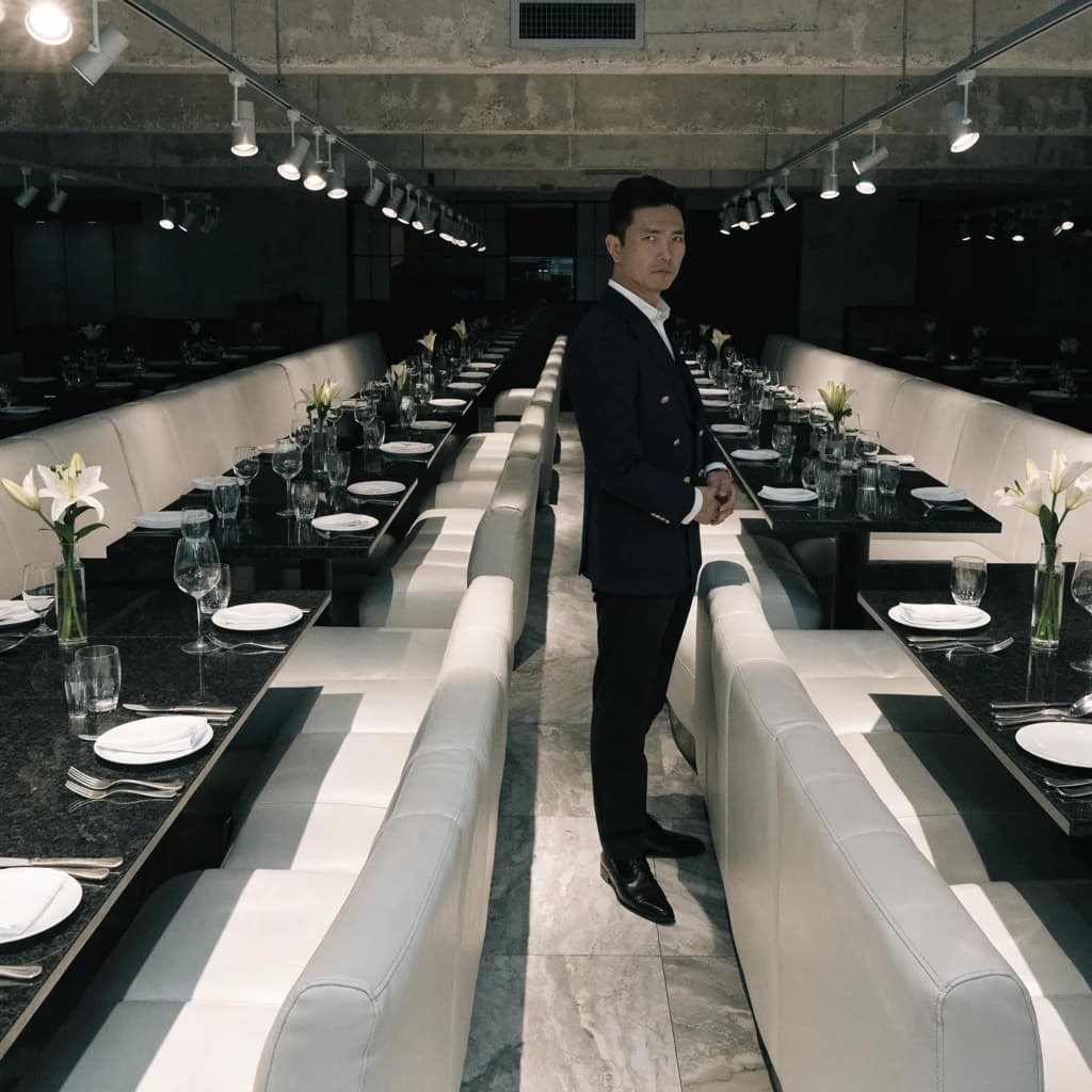 The place is almost empty. The banquettes are covered in white leather, the tables black granite, and the entire room is bathed in halogen track lighting that seems too bright. The maître d’ wears a double-breasted wool crepe jacket. There are lilies on every table.