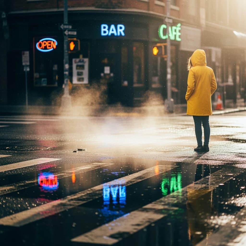A sunlit city street after rain; puddles mirror neon signs as a woman in a yellow raincoat waits at a crosswalk, soft mist, 50mm look, natural tones, a bit of film grain.