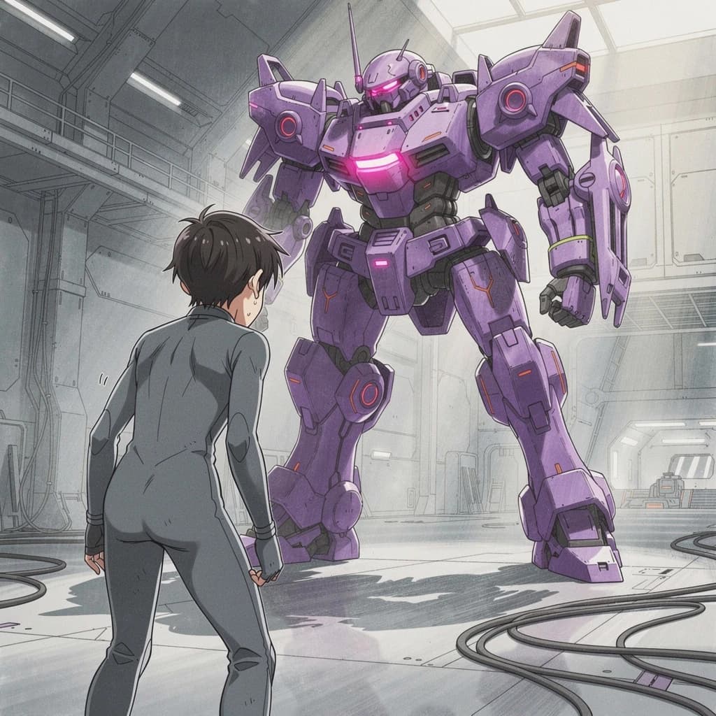 Clad in his body suit up to the neck, young Masa nervously approaches the towering mech with his back facing us. He is nervous for his first time in the field. The mech's bright purple colour scheme contrasts with the grey body suit. The scale of the mech dwarfs Masa. Hand drawn style