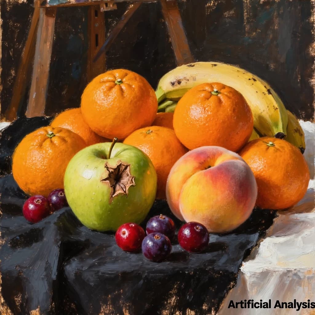 A still life scene painted oil on canvas, comprising various fruits on a black table cloth with striking lighting coming from the right out of frame, creating strong shadows. A bruised green apple is in the foreground, a peach behind it, and behind that a melange of oranges and bananas in various states of ripeness. Berries are strewn in front of the apple. The artist has signed his name "Artificial Analysis" in the bottom right corner in a hurried fashion.