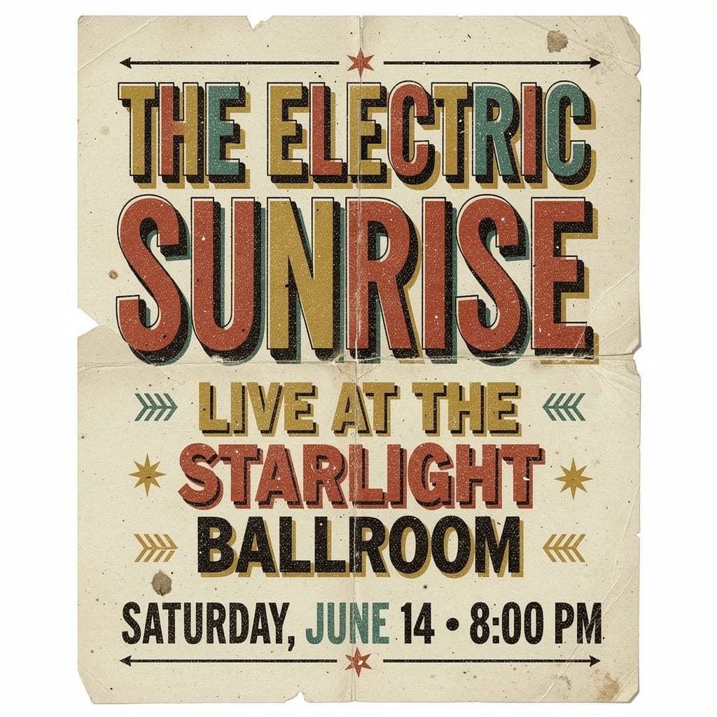 Make a 1960s concert poster featuring bold wood type, misaligned ink, creases.