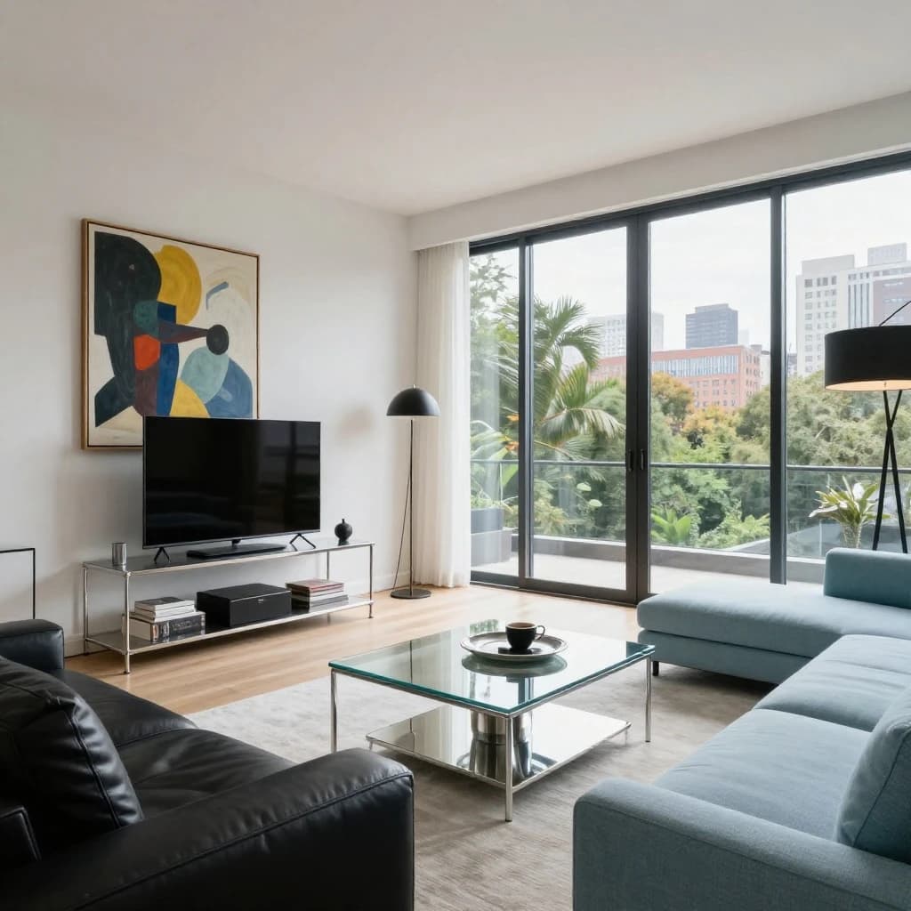 My apartment overlooks Central Park. It’s very luxurious, very expensive, and the furniture is minimal — a black leather couch, a glass coffee table with chrome legs, an Arne Jacobsen floor lamp. A big-screen television set rests on a steel shelving unit. A David Onica painting hangs above the couch. There’s a stainless steel and glass cocktail table. A powder-blue sofa. A thirty-inch digital TV.