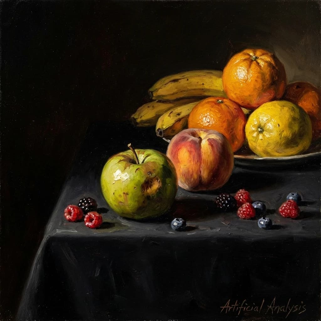 A still life scene painted oil on canvas, comprising various fruits on a black table cloth with striking lighting coming from the right out of frame, creating strong shadows. A bruised green apple is in the foreground, a peach behind it, and behind that a melange of oranges and bananas in various states of ripeness. Berries are strewn in front of the apple. The artist has signed his name "Artificial Analysis" in the bottom right corner in a hurried fashion.