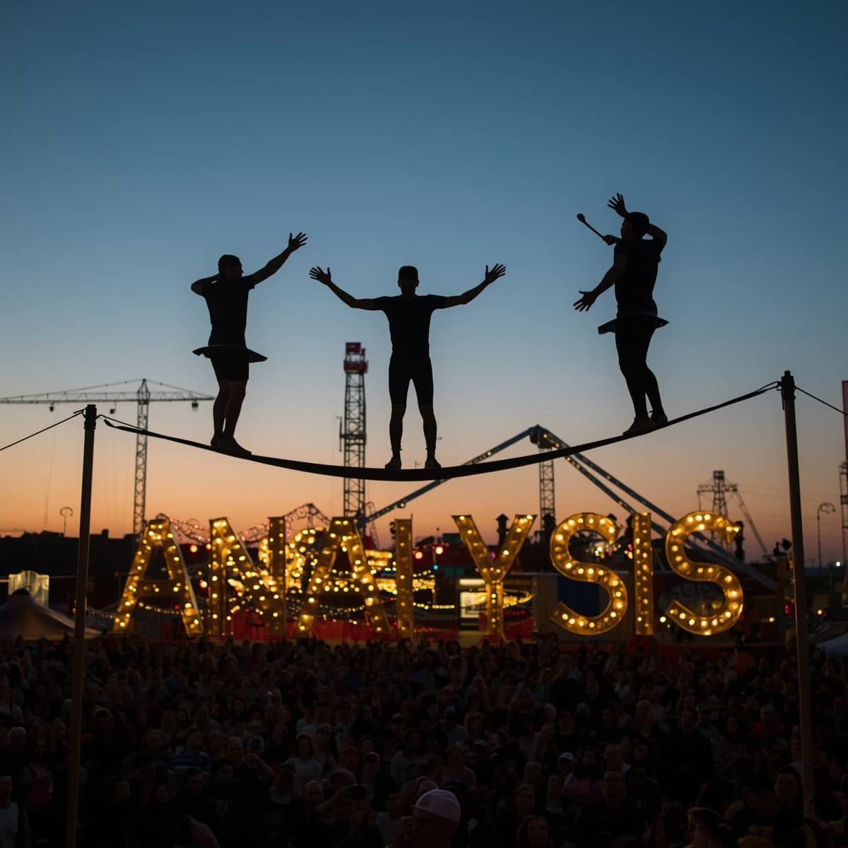 At dusk, high above a carnival crowd, three tightrope walkers balance on a single rope with no aids, one is off balance and grabbing at air. Below, the audience looks upward with baited anticipation. Artificial Analysis is spelled out in the background in carnival lights