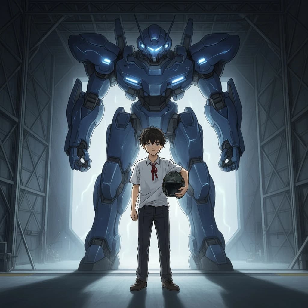 A teenage pilot grips his helmet under one arm, standing at the edge of a glowing hangar bay. Before him looms a sleek, steel-blue mech, its eyes lit with a cold electric glare. His school uniform is rumpled, a sharp contrast to the machine’s flawless plating. The vast scale engulfs him in shadow, emphasizing both awe and dread. Hand-drawn anime style.