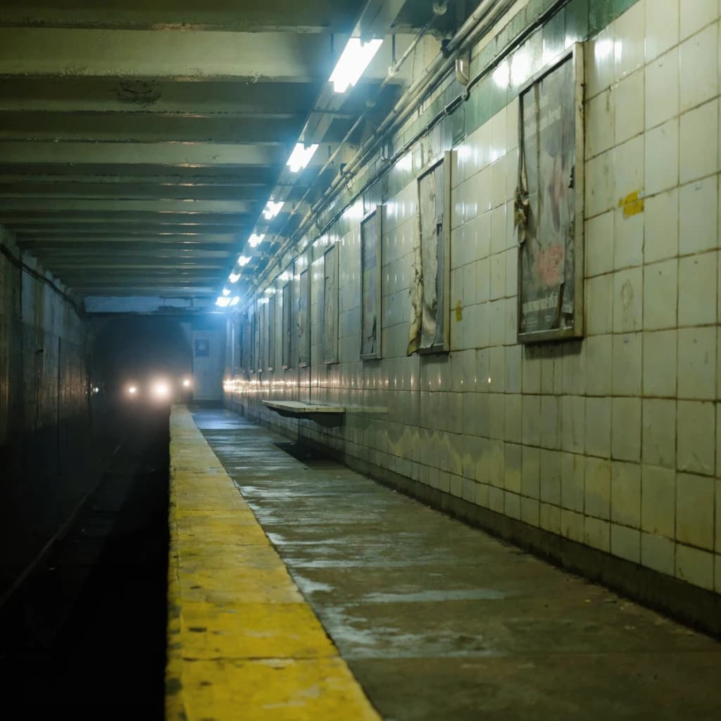 A subterranean subway platform with glossy tiles, peeling posters, flickering fluorescent lights, yellow safety line, and a distant train coming; slightly damp, echoes carry.