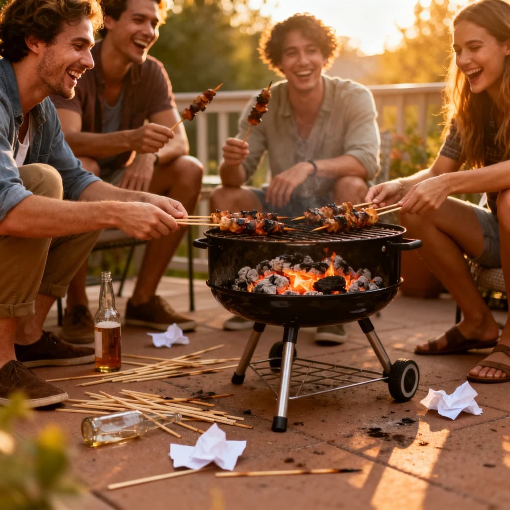 Friends grill skewers on a slightly messy patio.
