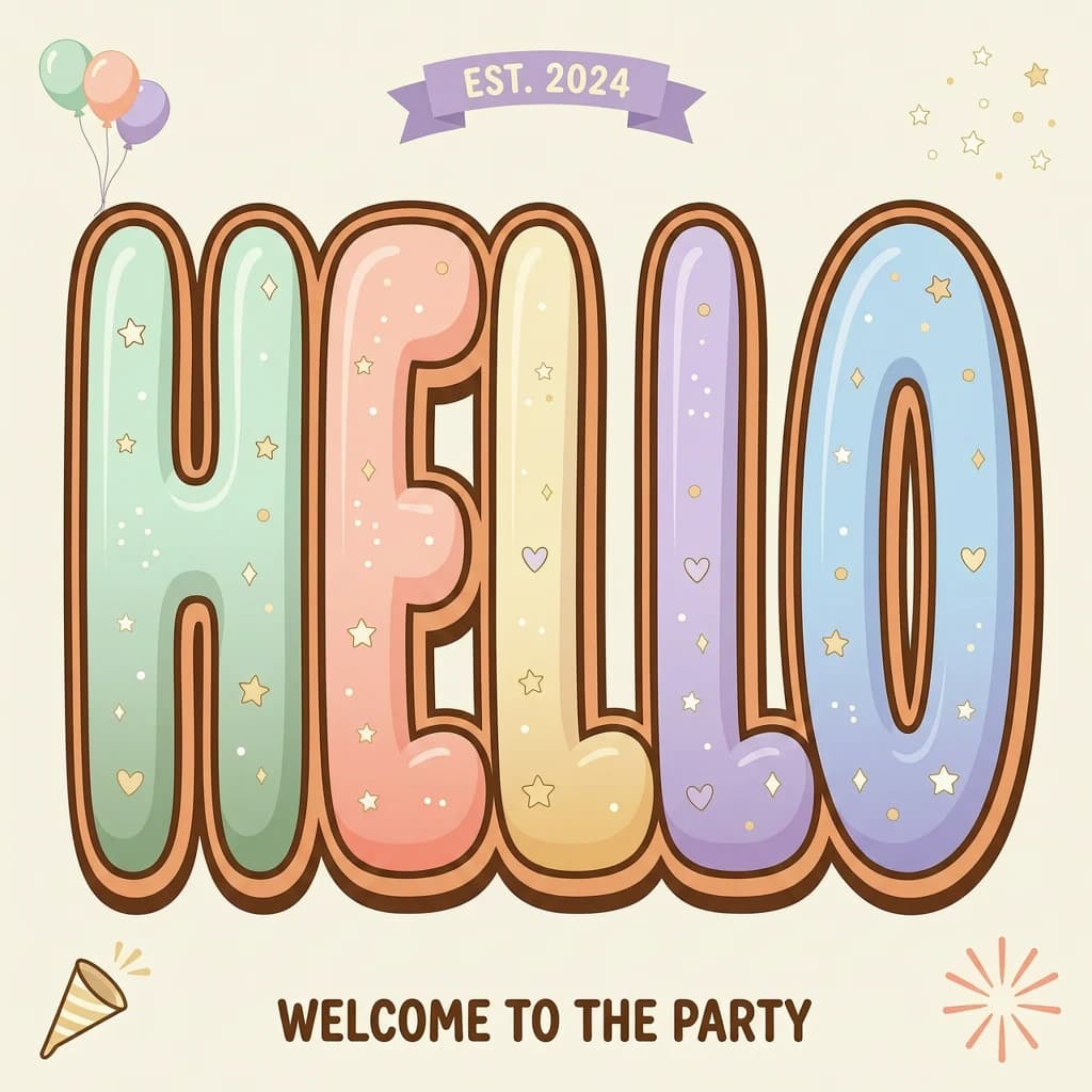 Make a bold bubble-letter poster that says HELLO, pastel palette, thick outline.
