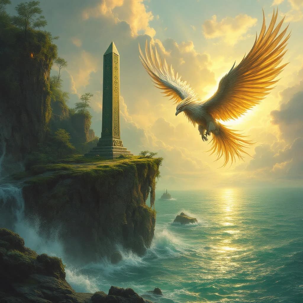 At dawn, a winged griffin lands on a mossy cliff above a jade sea beside a runed obelisk; floating isles drift under golden sunbeams, with a bit of sea spray and glowing runes.