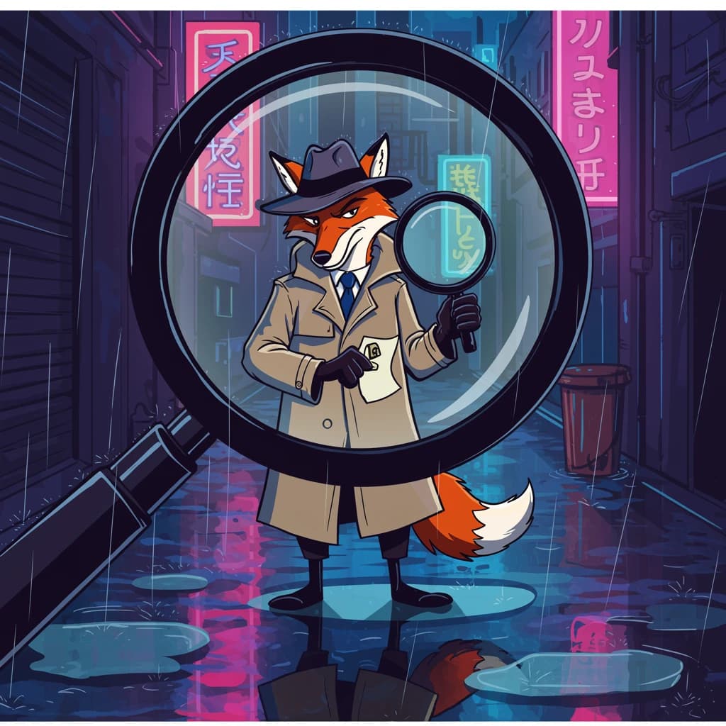 A fox detective stands in a rainy neon alley, bold outlines, flat colors, oversized magnifying glass; a bit moody, puddles reflect signs, raindrops like small dashes.