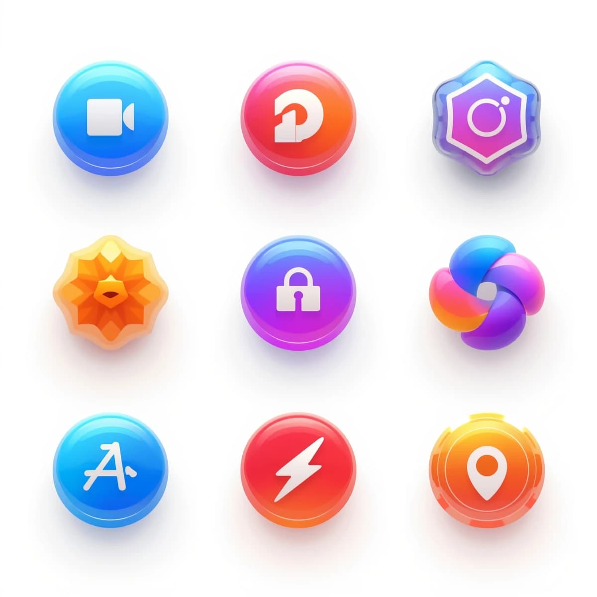 Design a glossy 3D icon set with smooth gradients.