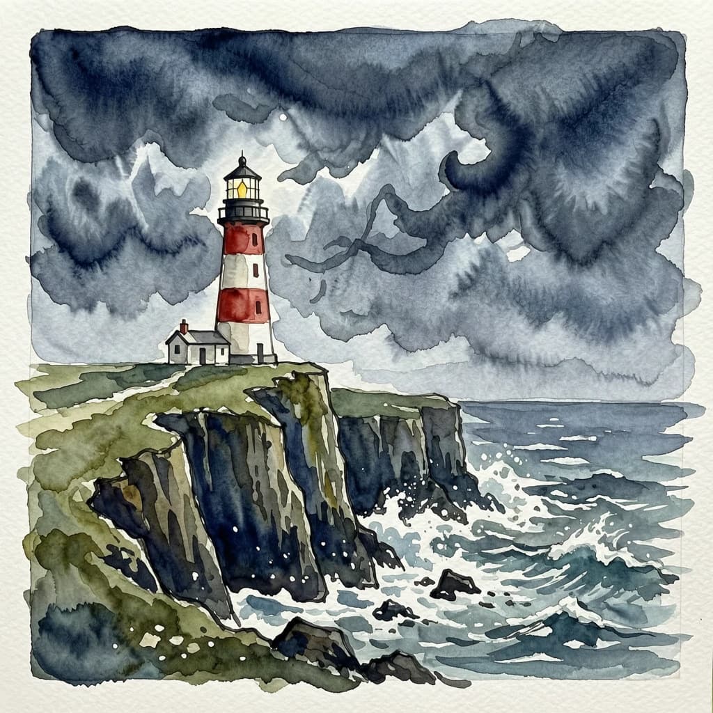 Please paint a watercolor of stormy cliffs and a lighthouse, moody sky.