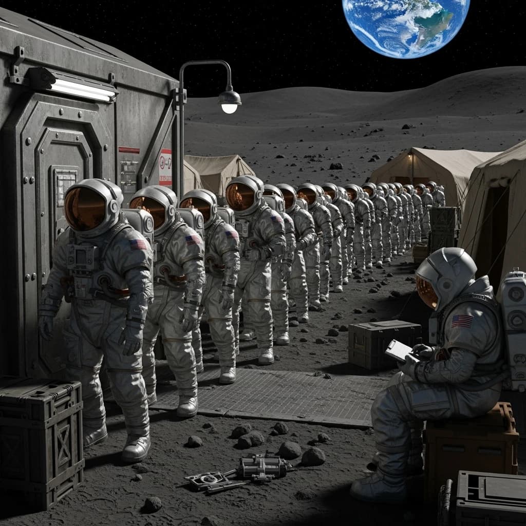 Silver exosuits queue at a dusty lunar checkpoint.