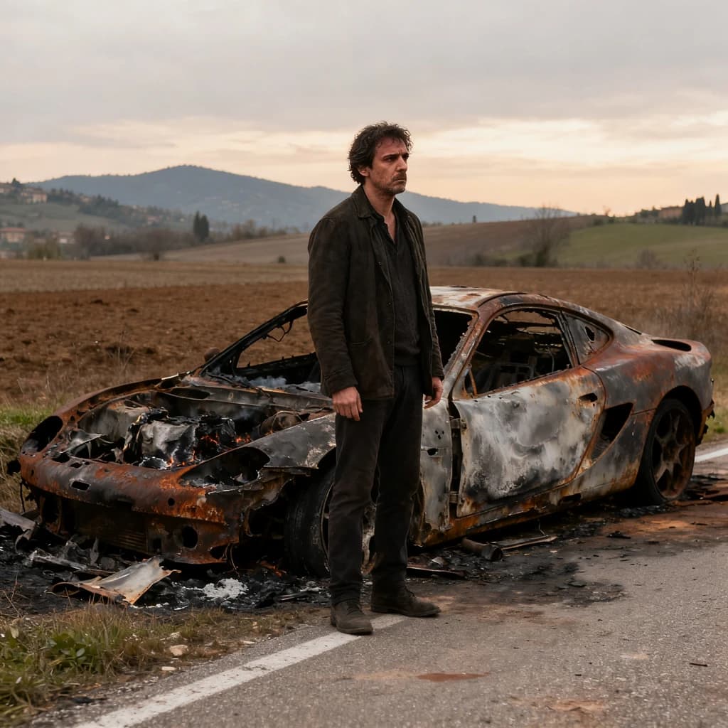 Mario examines the still smouldering wreck of the crash that took his best driver on the side of the country road. He designed this car and caused this. 3 days have passed since the crash. It's 1973 in Northern Italy.