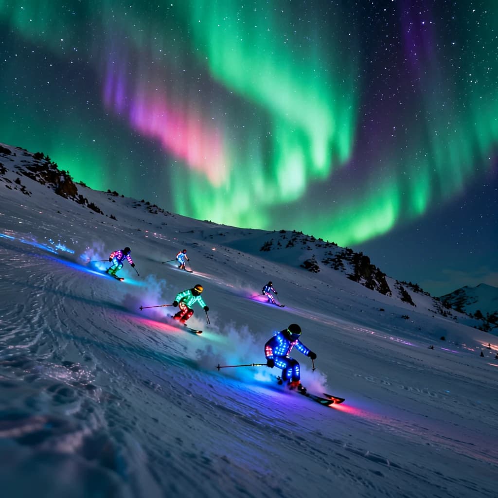 Coronet Peak Night Skiing: Skiers in colorful LED suits carve their way down the slopes of New Zealand's Coronet Peak under the Aurora Borealis, the skiers' light trails visible behind them