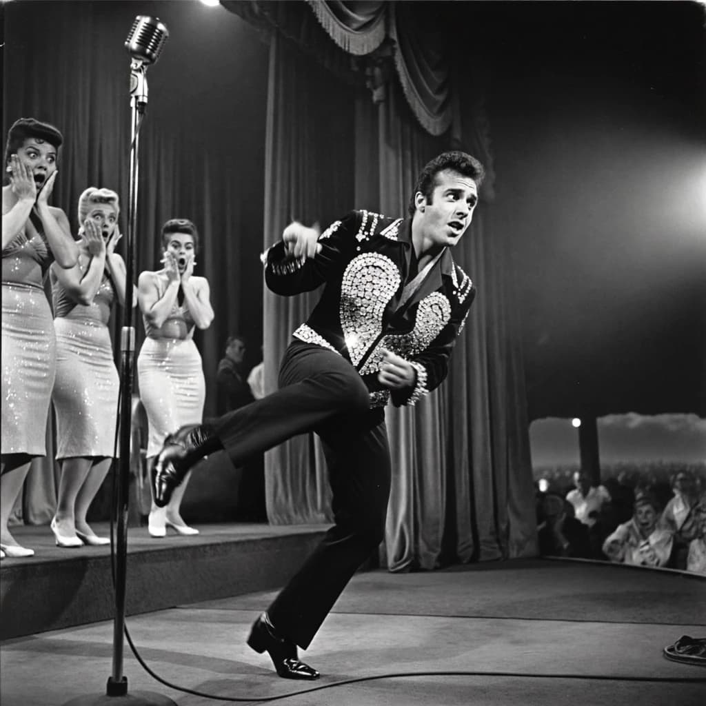 An archival image from 1953 of the rock singer swinging his hips on the stage while glamorous back up singers feign shock at his gyrations! He wears a diamond encrusted jacket with the stones arranged in the shape of a heart