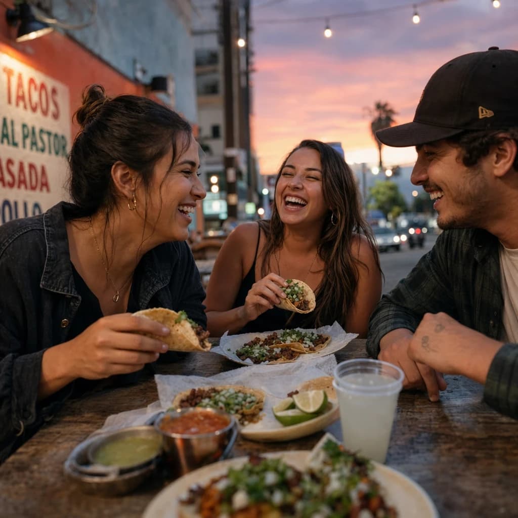 Friends laugh over street tacos at dusk, candid, shallow depth.