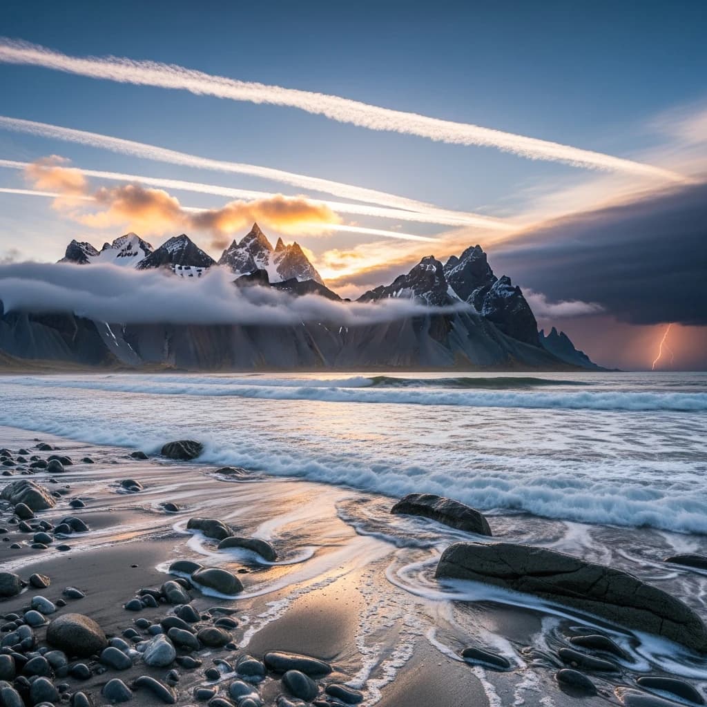 A stunning mountain vista pokes through the cloud top. Contrails from a distant airplane linger in the air. In the foreground there is a stony beach with foamy seas. A thunder storm is visibile in the distant right.