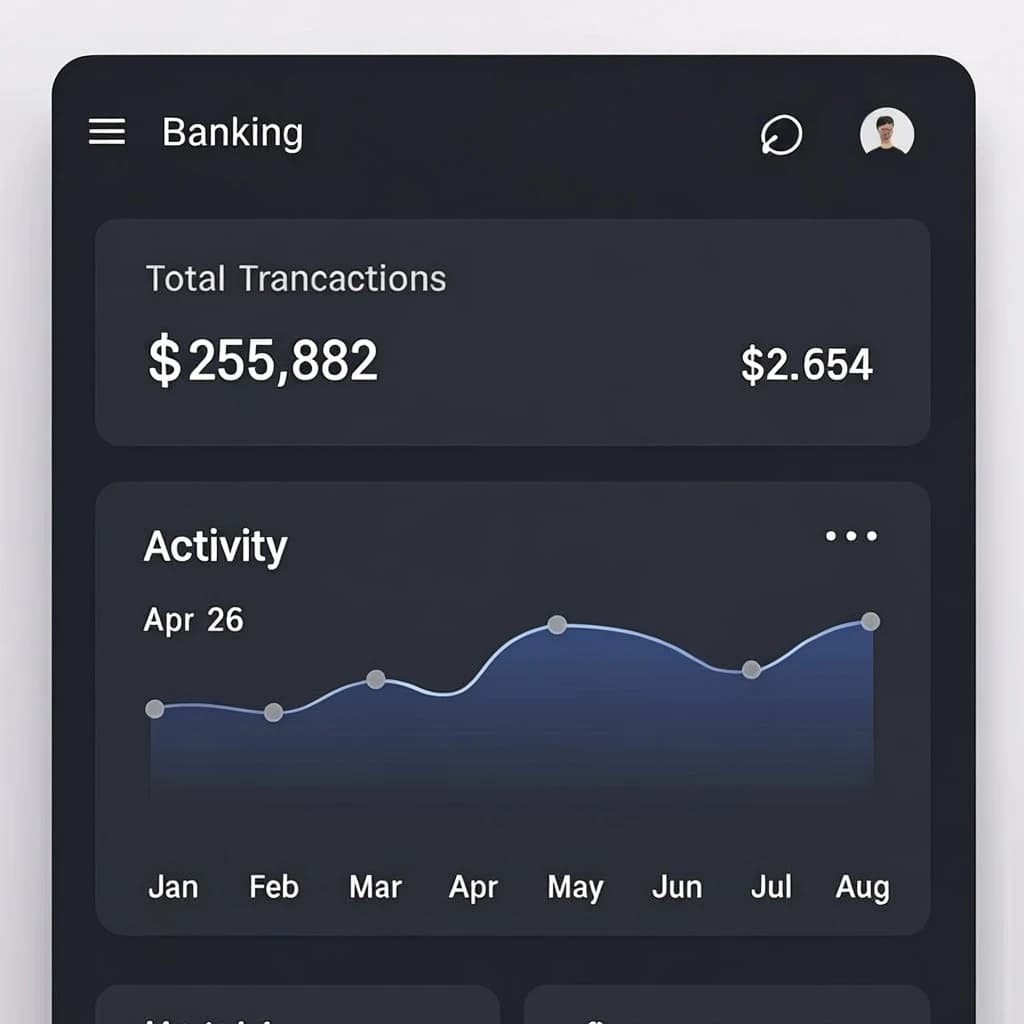 Dark mode banking dashboard with glassmorphism.