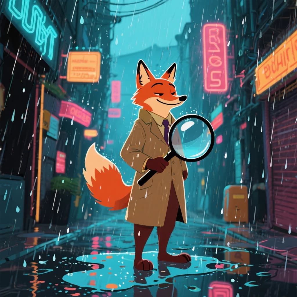 A fox detective stands in a rainy neon alley, bold outlines, flat colors, oversized magnifying glass; a bit moody, puddles reflect signs, raindrops like small dashes.