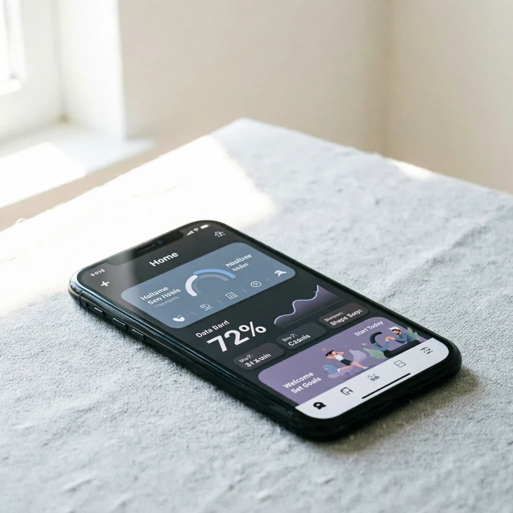 Sleek mobile fitness app screens on a desk: dark mode home, progress dashboard, simple onboarding, clear 8 pt grid, slightly oversized buttons for thumb reach, muted colors.