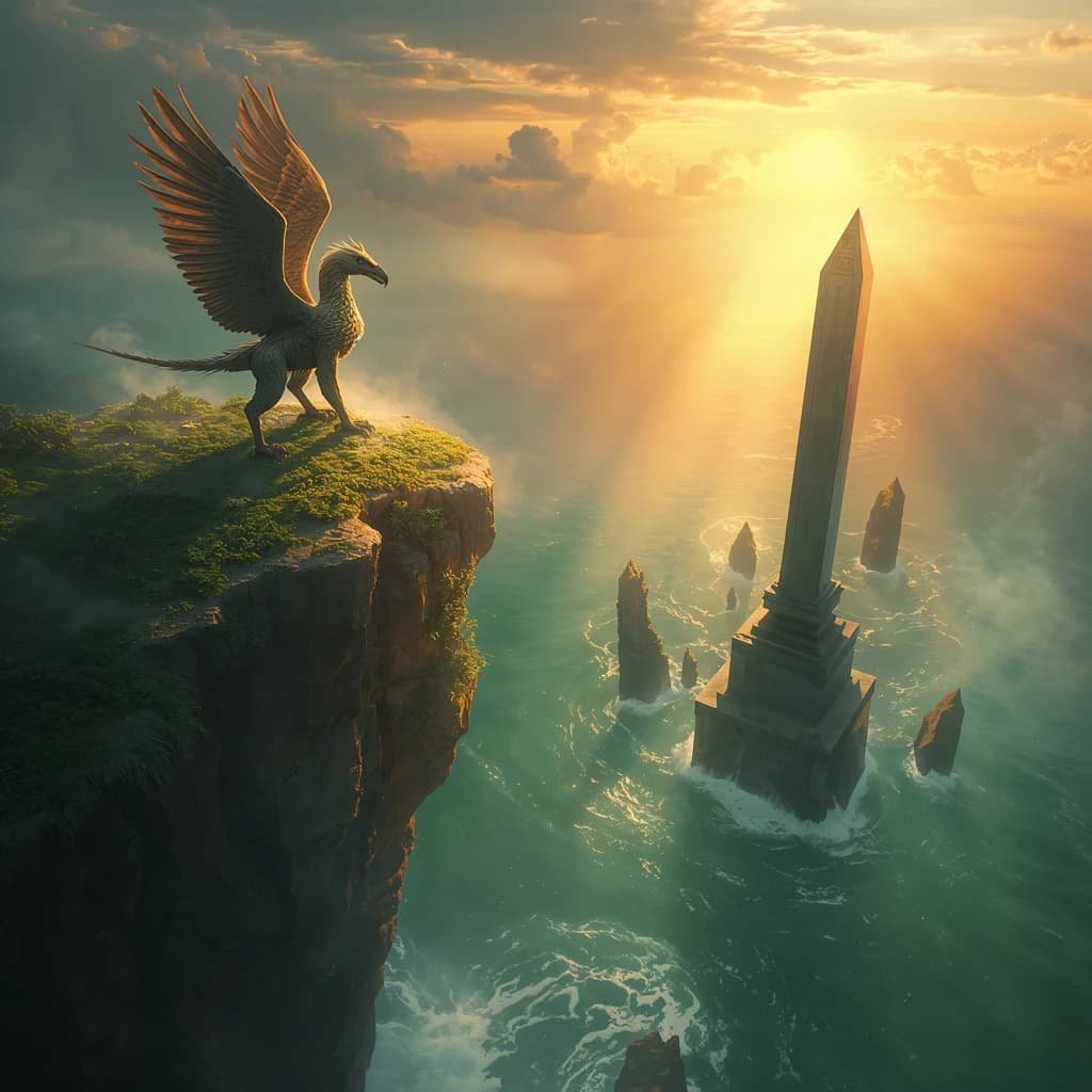 At dawn, a winged griffin lands on a mossy cliff above a jade sea beside a runed obelisk; floating isles drift under golden sunbeams, with a bit of sea spray and glowing runes.