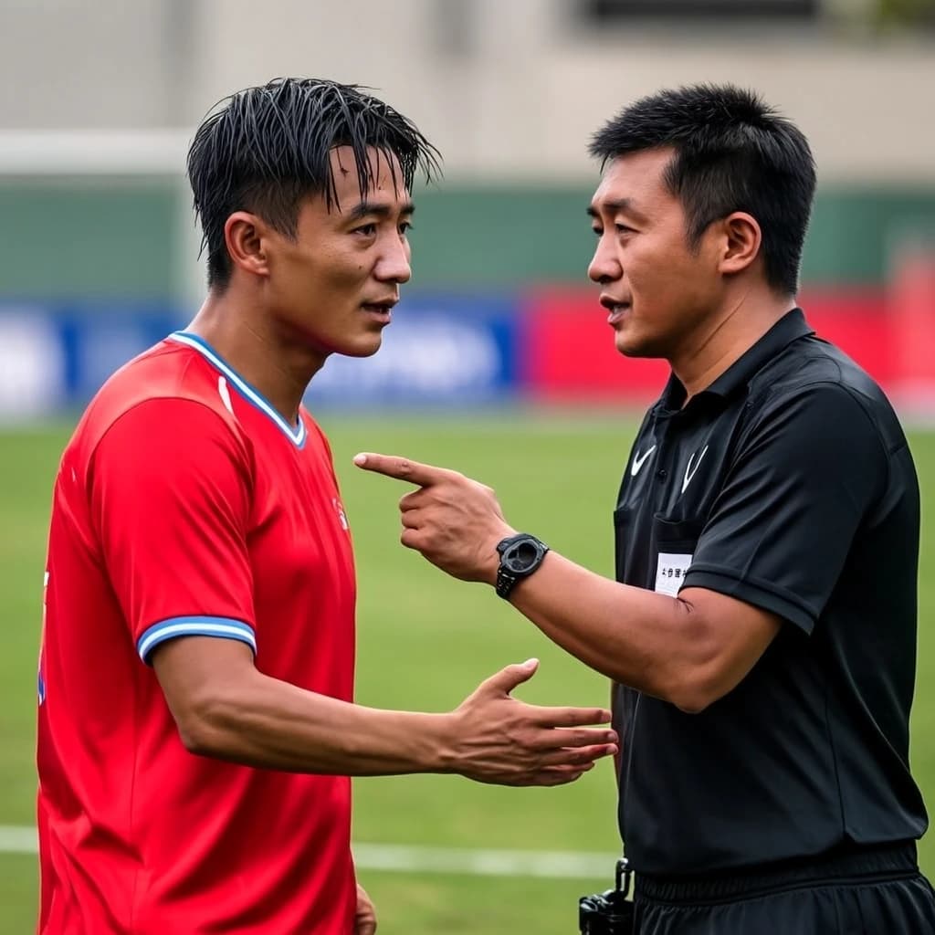 The soccer player clashes with the ref. It is thick and humid and the heat is getting to the players. His friend tries to pull him off before he causes any more trouble.