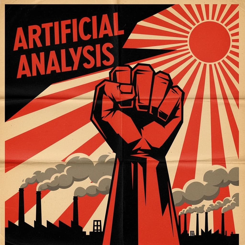 A propaganda poster in stark red, black, and beige. A clenched fist rises in the foreground, rendered with sharp geometric blocks. Behind it, radiating lines stretch upward toward a stylized sun. At the top, bold sans-serif lettering in Cyrillic-inspired type spells out Artificial Analysis, tilted at an angle for emphasis. A factory skyline silhouettes the bottom edge, smoke stacks rising into the background. The texture is rough, printed on aged paper with visible creases and ink bleed. Designed in the constructivist Soviet poster style.