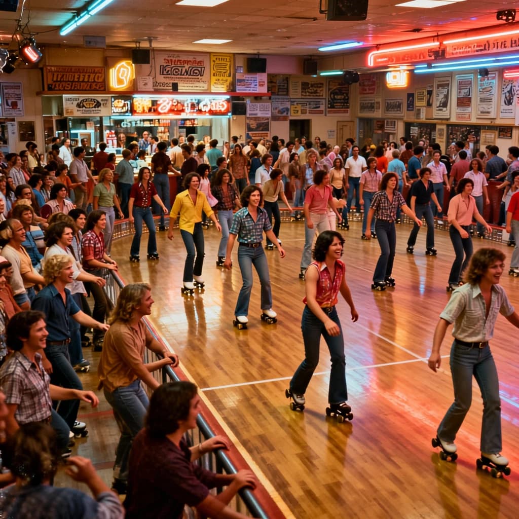 A 1970s roller rink crowd skates under neon, with a bit of fade and film grain.