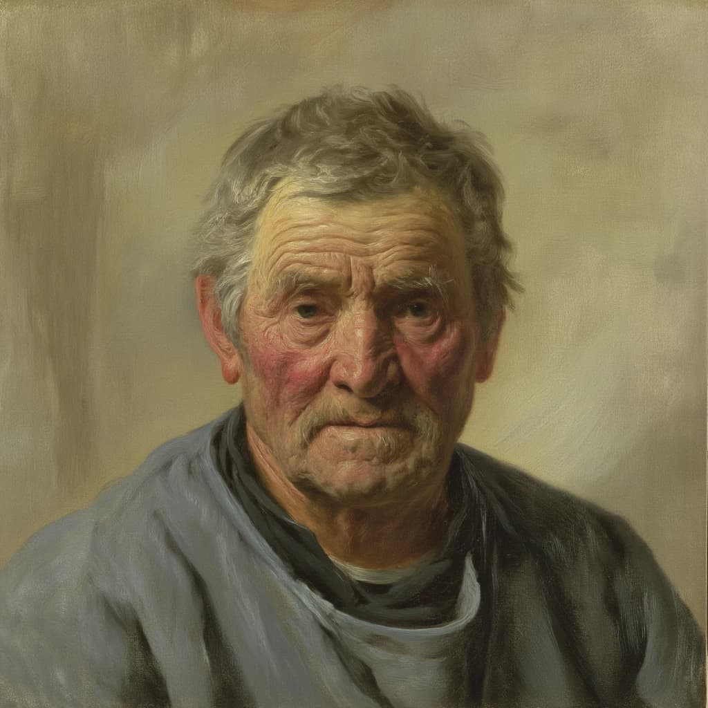 Oil on canvas portrait of an elderly sailor, weathered face, soft light.