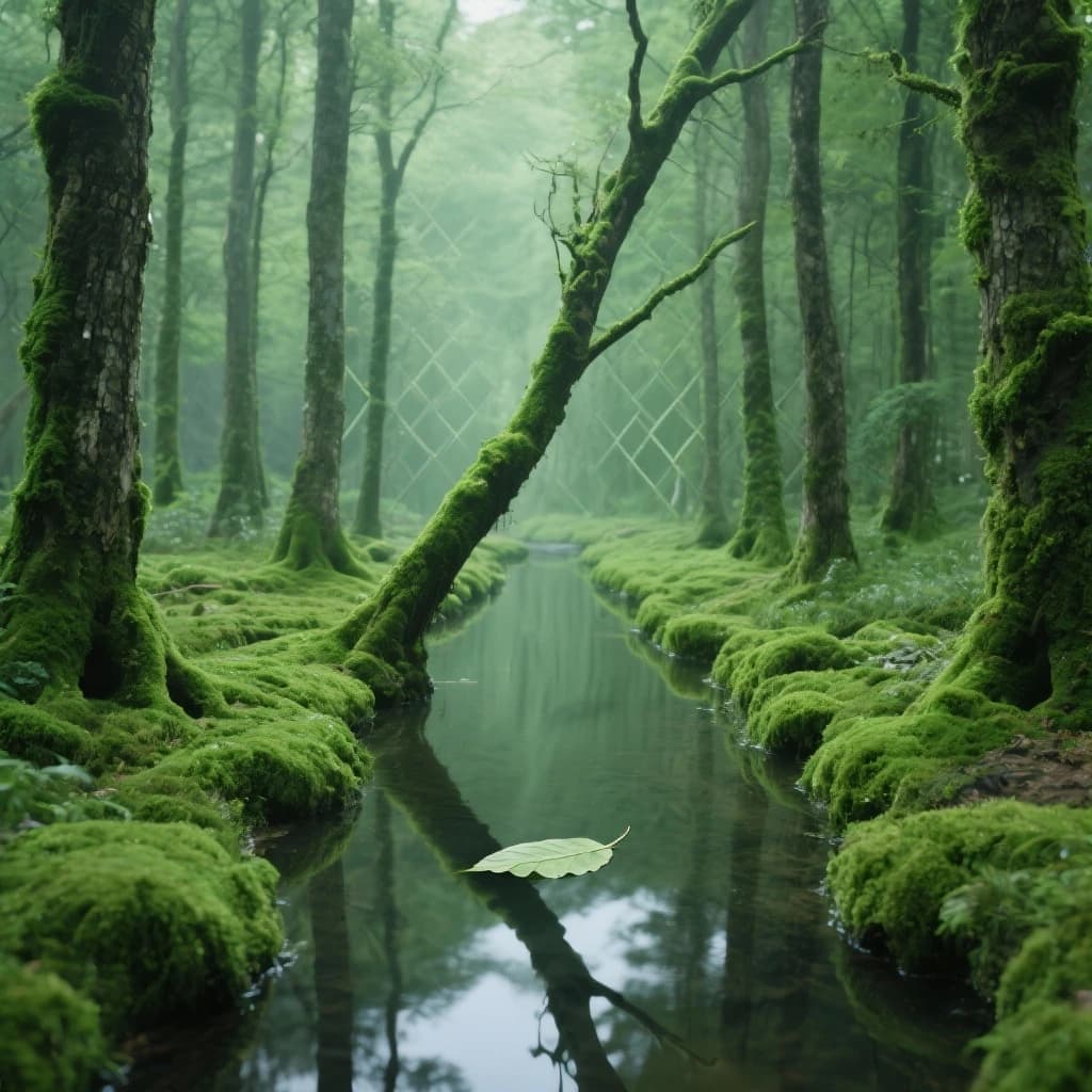 The forest is saturated green, trees identical in height and width, trunks straight, bark texture repeating. One trunk leans diagonally yet the branches remain vertical. The moss is emerald, glistening, though each patch forms identical diamond shapes. A stream runs straight, perfectly linear, water clear, reflecting clouds not visible in the sky. No animals, no insects, but one leaf floats on the water, doubled, showing two overlapping shadows.