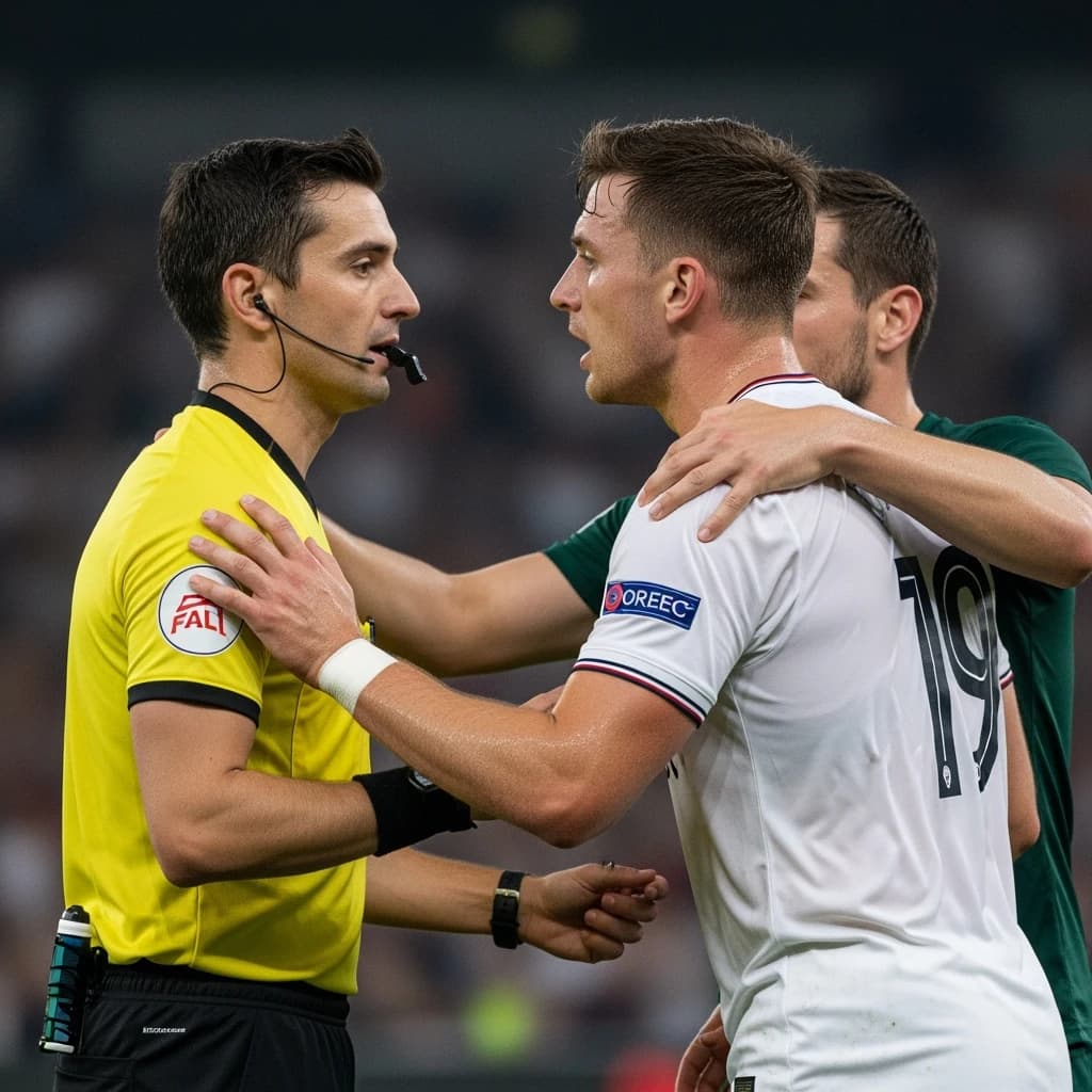 The soccer player clashes with the ref. It is thick and humid and the heat is getting to the players. His friend tries to pull him off before he causes any more trouble.