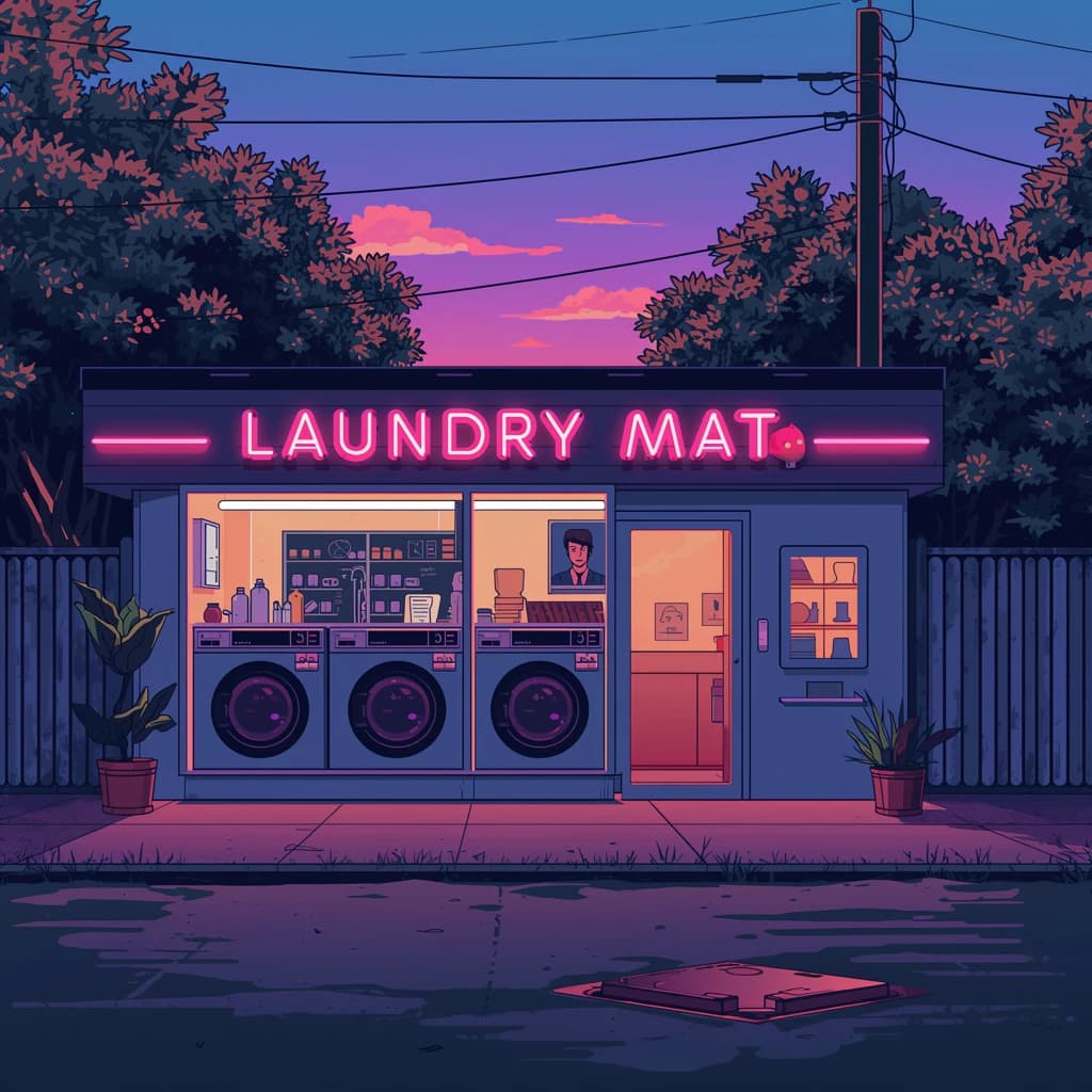 A cozy laundromat at dusk, neon humming, flat colors, bold inked lines.