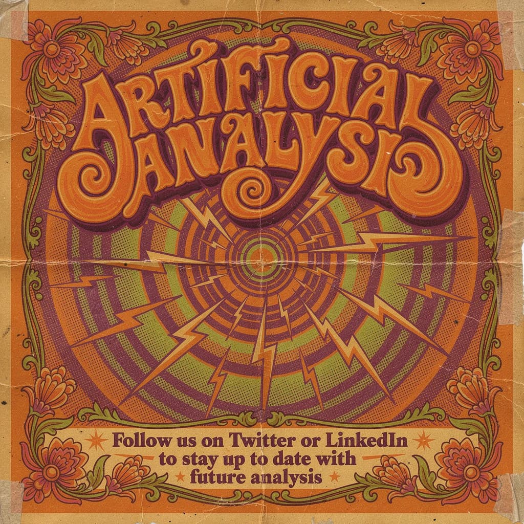 A portrait layout psychedelic concert poster from 1972 bathed in saturated oranges, deep purples, and acid greens. Swirling, hand-drawn typography arcs across the top, spelling out Artificial Analysis in bold, distorted letters that melt into spirals. Surrounded by radiating concentric circles and lightning-bolt motifs. The background is textured with halftone dots and faded paper creases, evoking a well-worn poster taped to a brick wall. Ornate floral borders frame the design, while the bottom features blocky retro lettering listing “Follow us on Twitter or LinkedIn to stay up to date with future analysis” in smaller text. 