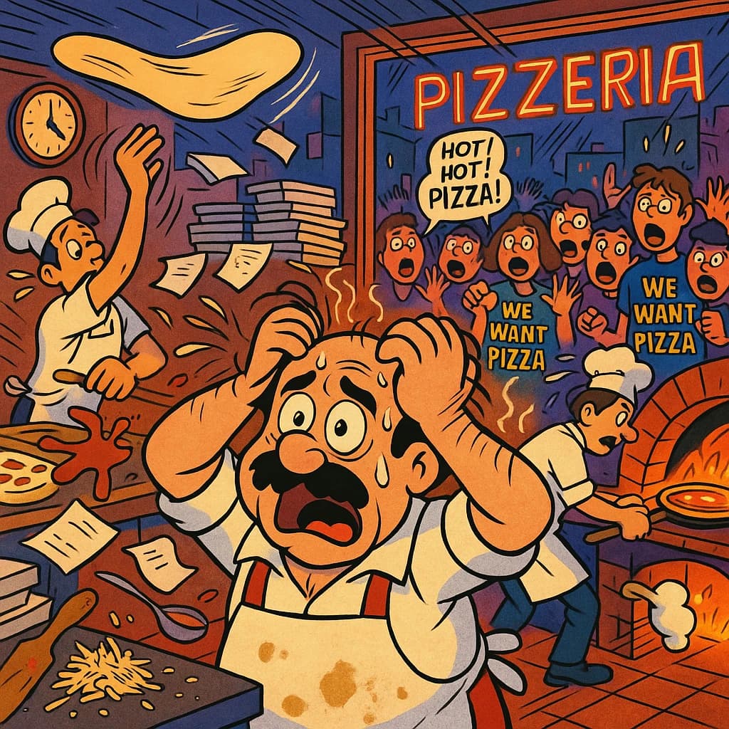 Pasquale is pulling his few remaining hairs out over a disaster at the pizzeria - the cooks are working as fast as they can but the crowds outside are swelling and they demand hot hot pizza! They are banging on the glass and some are wearing "we want pizza" shirts. 1980s western TV animation style.