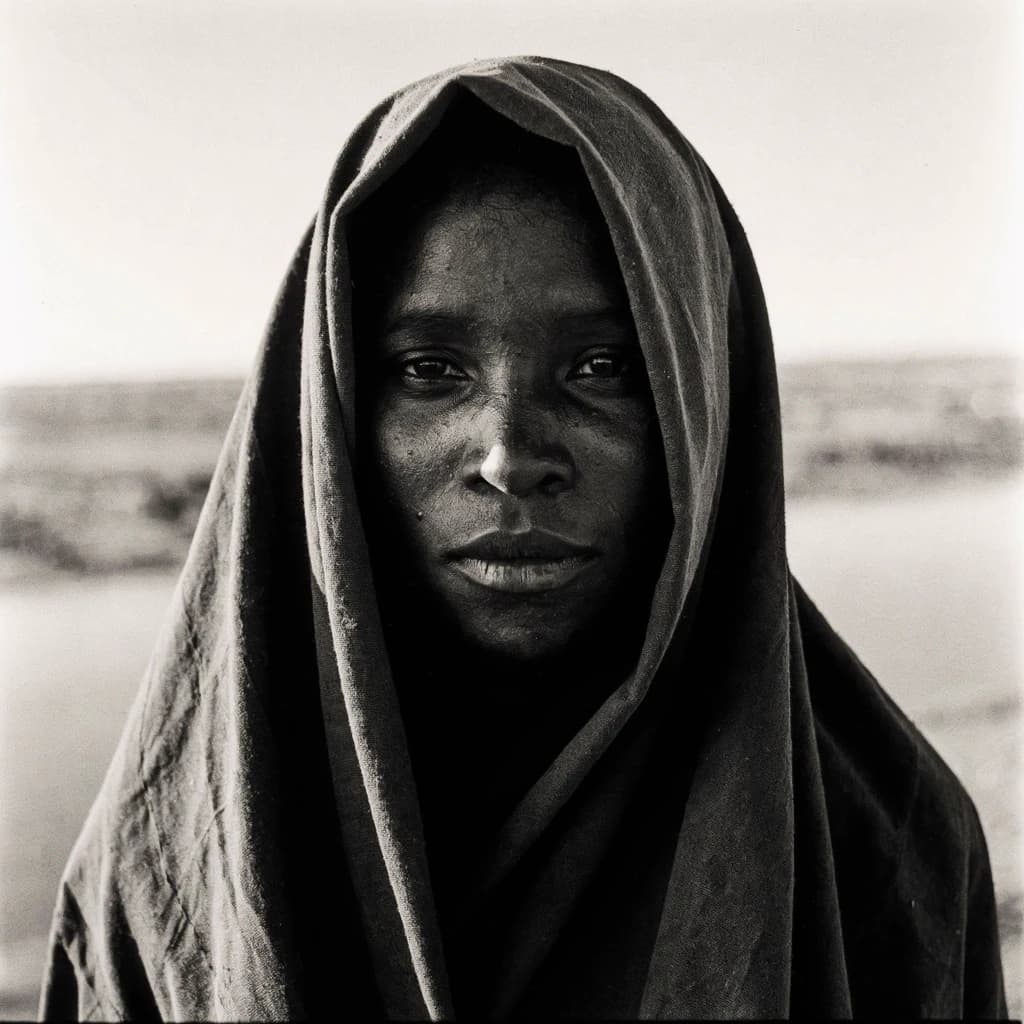 A dramatic black-and-white portrait of a young person draped in a hooded garment, their face framed by the hood's dark folds. Their skin tone and the subtle sheen on their cheeks create striking tonal contrast against the deep shadows. Their eyes are piercing, looking directly into the lens with a calm, steady intensity—neither confrontational nor submissive, but deeply present. The texture of the fabric is visible: it's dense, slightly weathered, and whisper-thin creases catch the light. In the background, an expansive, out-of-focus landscape suggests open space—perhaps distant plains or water—though the details remain soft and abstract. The overall mood is silent yet powerful, poised between vulnerability and resilience, with every highlight and shadow telling part of their story.
