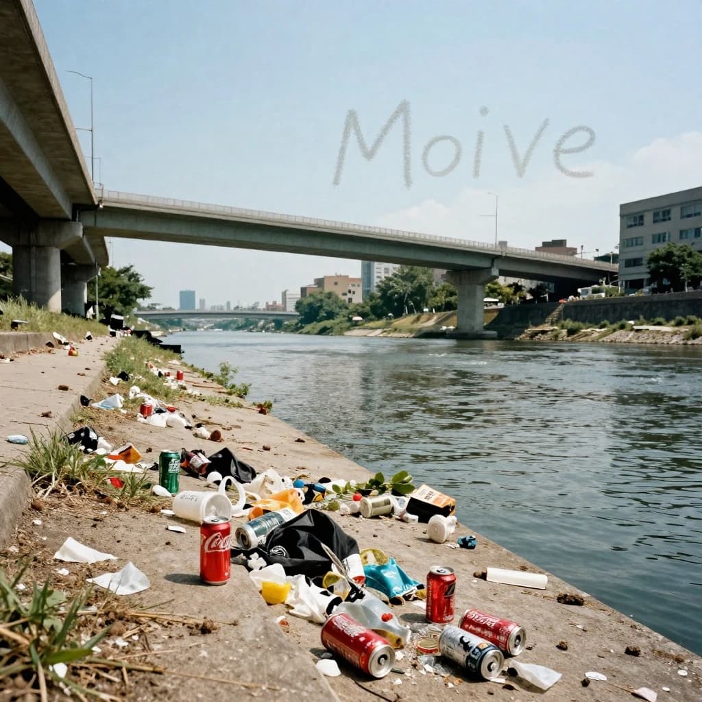 Red soda cans and other garbage sit strewn across the bank of an urban river only a few metres wide. Concrete overpasses criss cross overhead on a bright and sunny day. Fading skywriting proposes marriage