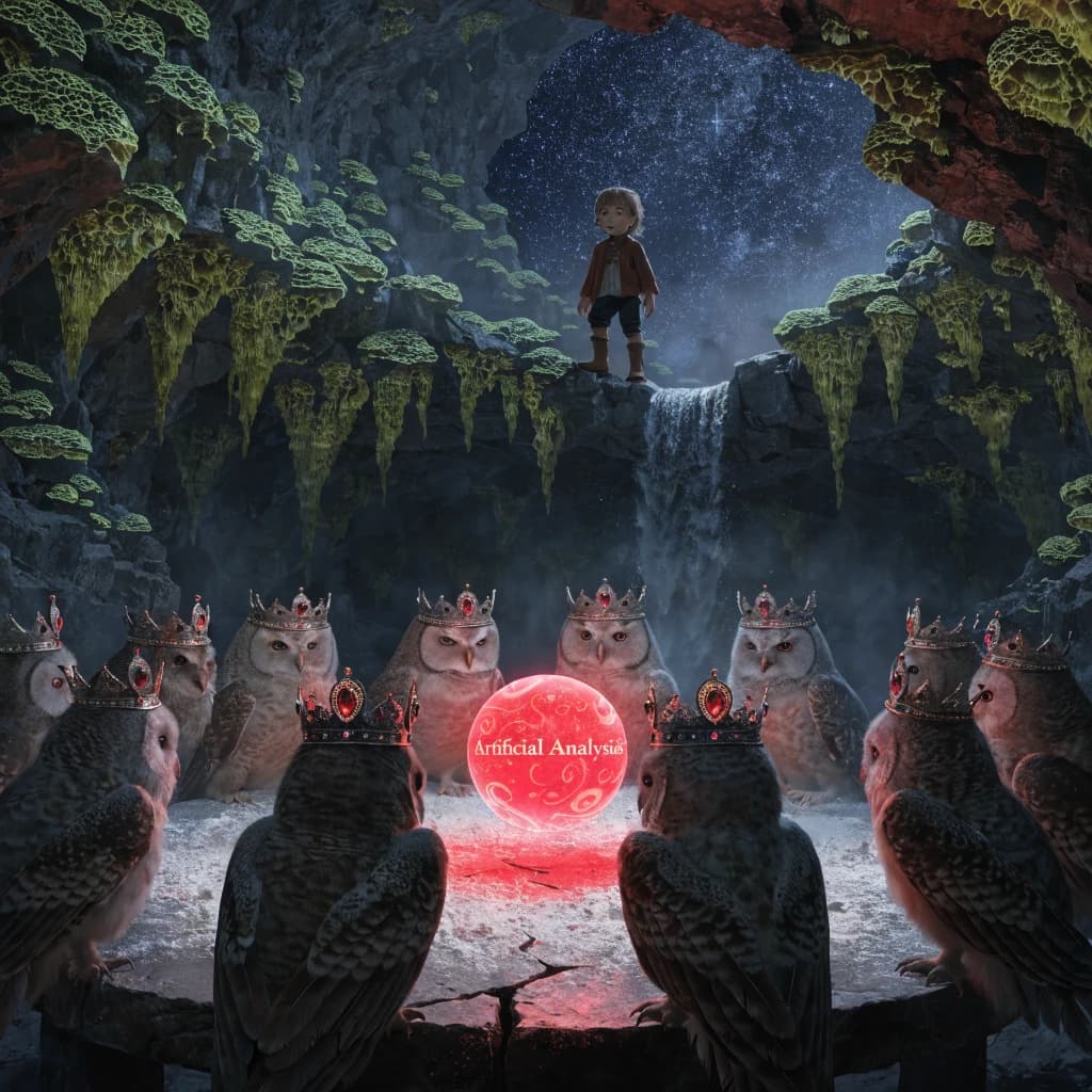 In a cavern lined with bioluminescent fungi glowing lime green, the council of owls wear jeweled crowns that glimmer with rubies, their wings folded behind their backs. Dust coats the stone table, a glowing orb inscribed with “Artificial Analysis” hovers above the table illuminating the owls with its red pulsating light. Behind them, a waterfall falls upward into a ceiling that opens onto stars - a child looks down in wonder from above at what he has stumbled across.